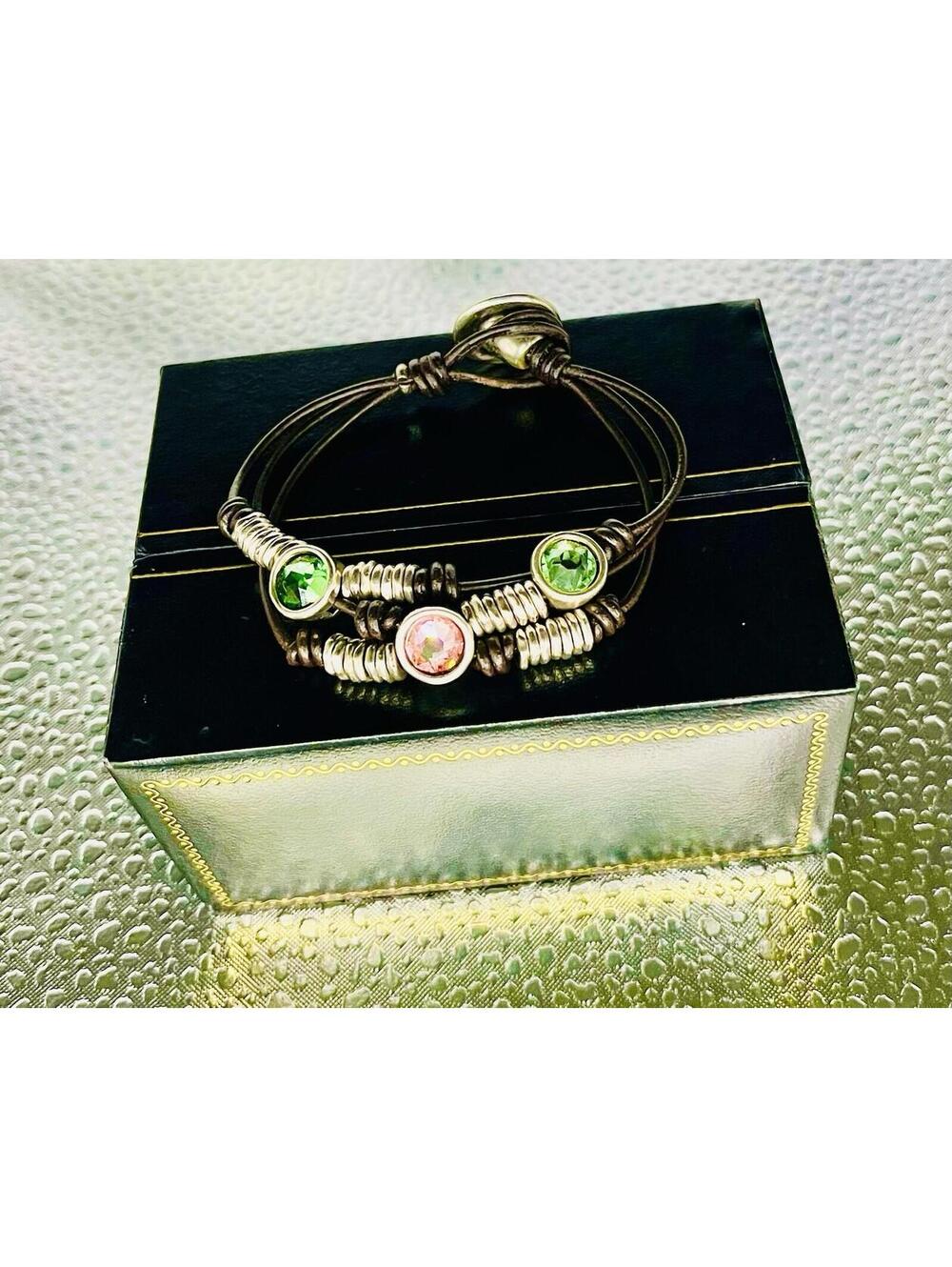 Uno de 50 Leather Bracelet With Silver Beads And Sparkling Pink & Green Crystals